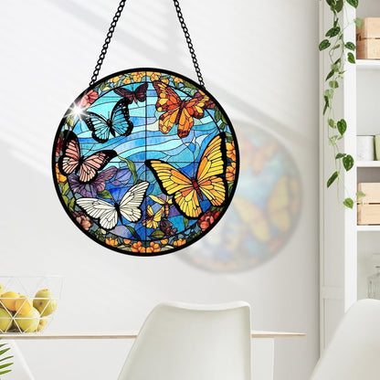 Butterfly Stained Glass Window Hanging, Suncatcher Panel for Window for Indoor Outdoor Decor, Wall Stained Glass for Balcony, Porch, Butterfly Ornament Birthday Gift for Boys and Girls, Housewarming