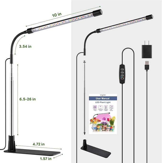 Grow Lights for Indoor Plants, Full Spectrum LED Plant Lights with Base, Adjustable Height 6.5"-26", 10 Dimmable Levels, Auto Timer 3/9/12H, Desk Grow Lamps for Indoor Growing (3 Pack)