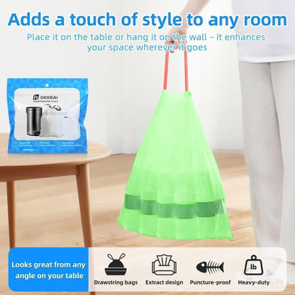 OKKEAI 2.6 Gallon Bathroom Drawstring Trash Bags, 60 Count Small Green Garbage Bags, Heavy Duty Tear-Resistant & Leak-Proof Wastebasket Liners for Kitchen, Bathroom, Office