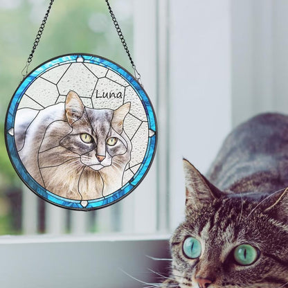 Custom Cat Portrait Stained Glass Window Hanging Light Catcher, Pet Memorial Stained Glass Photo, Cat Memorial Gift Pet Loss Gift
