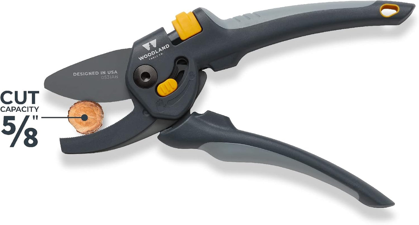 Woodland Tools Co. Heavy Duty Anvil Pruning Shears – 5/8" Cut Capacity, High Carbon Steel Blade, Internal Spring, Adjustable Grip Slider, Garden Pruner for Dry Branches, Stems, and Dead Growth