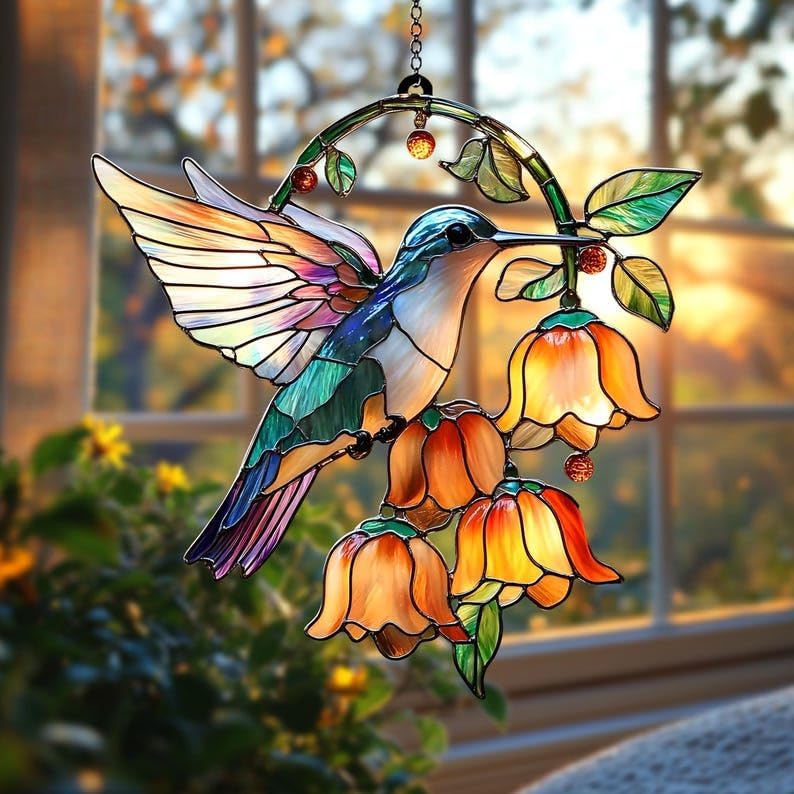 Hummingbird with Flower Acrylic Suncatcher Stained Glass Effect Window Car Hanging Christmas Ornament Indoor Outdoor Decor Garden Sun Catcher Panel for Bird Lover for Women Mom Grandma