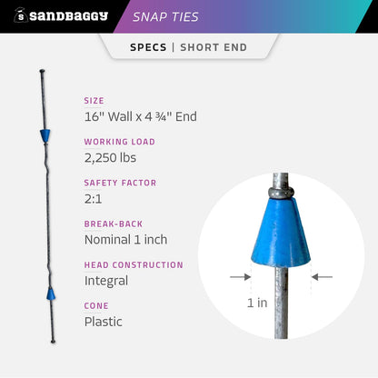 16" x 4 ¾" Standard Snap Ties for Concrete Forms (Short End) - 1" Plastic Cones, Integral Heads - 2:1 Safety Factor, 2,250 lbs Working Load - Construction Grade 4 Gauge Steel (Short End, 50, Count)