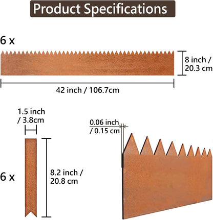Cor-Ten Steel Landscape Edging with Rust Patina Finish, Pre-Rusted Cor-Ten Steel Landscape Edging, 42 inch Strips, 8 inch Depth (6 Pack)