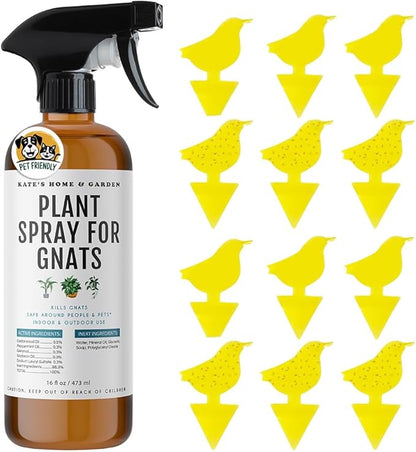 Kate's Home & Garden Plant Spray for Insects & Getting Rid of Gnats with 12 Sticky Traps. Fungus Gnat Killer & Bug Spray for Indoor Plants (16oz, Cedarwood, Pet Safe, Non Toxic)