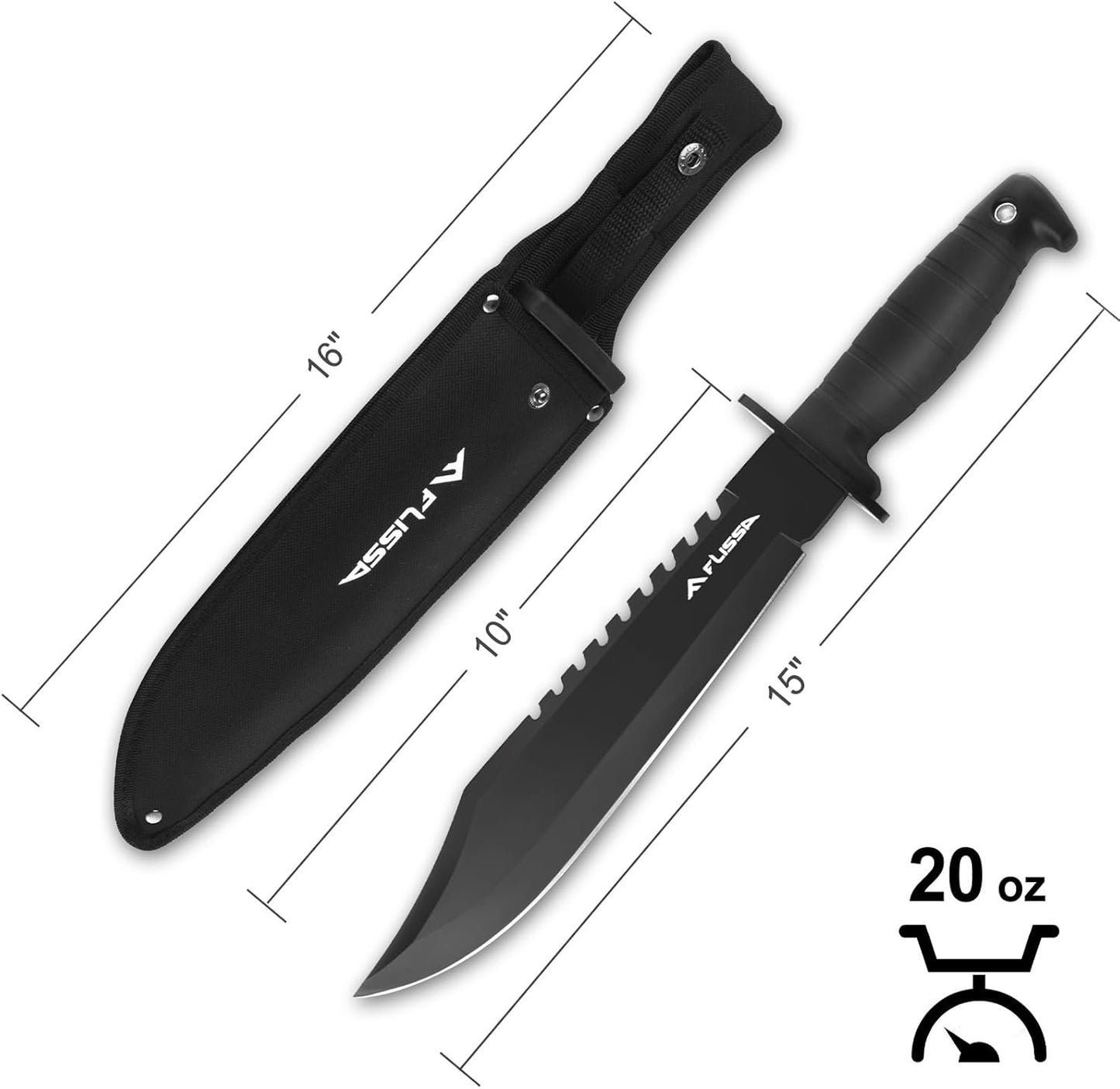 FLISSA Survival Hunting Knife with Sheath, 15-inch Full Tang Fixed Blade Tactical Bowie Knife with Sharpener & Fire Starter for Camping, Outdoor, Bushcraft