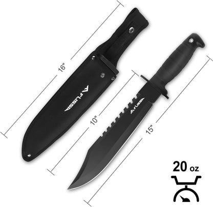 FLISSA Survival Hunting Knife with Sheath, 15-inch Full Tang Fixed Blade Tactical Bowie Knife with Sharpener & Fire Starter for Camping, Outdoor, Bushcraft