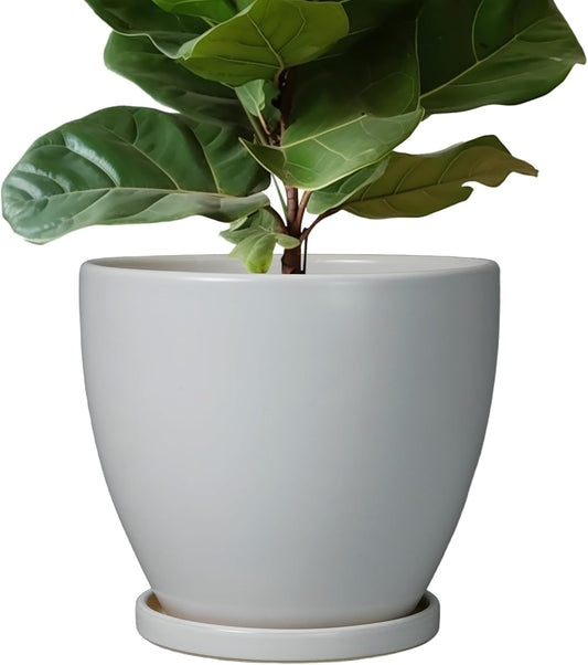 10 Inch Planter - Ceramic Pots for Plants, Planters with Drainage Hole and Tray, Modern Flower Pots Indoor, Home Living Room Patio Porch Garden Office Decor, Gray
