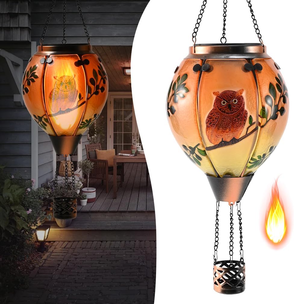 Hot Air Balloon Solar Lantern - Owl Stained Glass Lantern, Simulated Flickering & Dancing Flame, Outdoor Hanging Yard Light Waterproof IP65 for Patio Lawn Porch Decor Gift