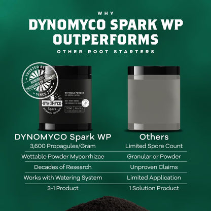 DYNOMYCO Spark WP Mycorrhizal Fungi, 11oz Wettable Powder – 3-In-1 Root Enhancer Amplifies Nutrient Uptake & Yield – Treats 70Plants, Indoor/Outdoor Bio-Stimulant – Dissolves Fast in Seed Starter Soil