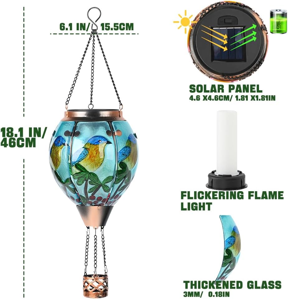 Hot Air Balloon Solar Lantern - Bluebird Glass Lantern, Simulated Flickering & Dancing Flame, Outdoor Hanging Yard Light Waterproof IP65 for Patio Lawn Porch Decor Gift
