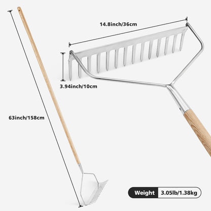 Berry&Bird 14 Tines Bow Rake for Gardening, 63-inch Garden Rakes Heavy Duty with Wooden Long Handle Stainless Steel Hard Rake for Lawn Loosening Soil, Weeding, Cleaning Leaves & Grass Cultivator Tool