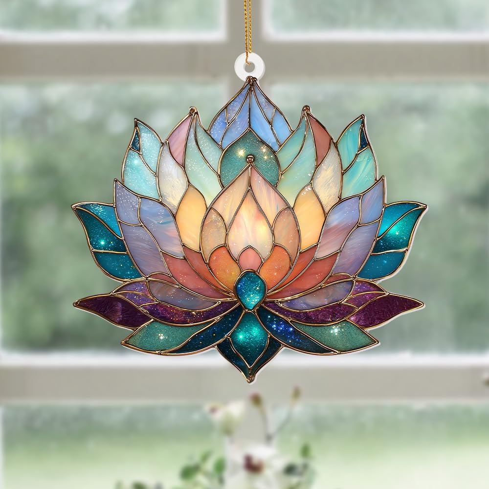 Lotus Stained Glass Acrylic Ornament – Colorful Lotus Flower Suncatcher for Windows, Christmas 2025 Ornament, Holiday & Spiritual Home Décor, Unique Handmade Gift(Sun-24)