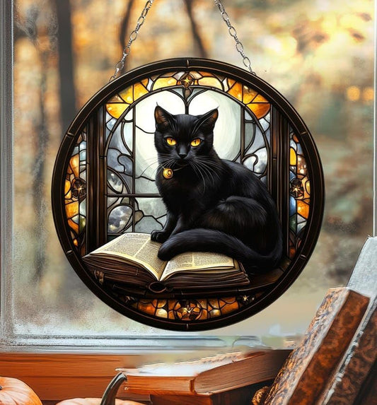 Gothic Suncatcher Black Cat Stained Window Hanging Decoration Mom Gift Fall Witchy Spooky Decor