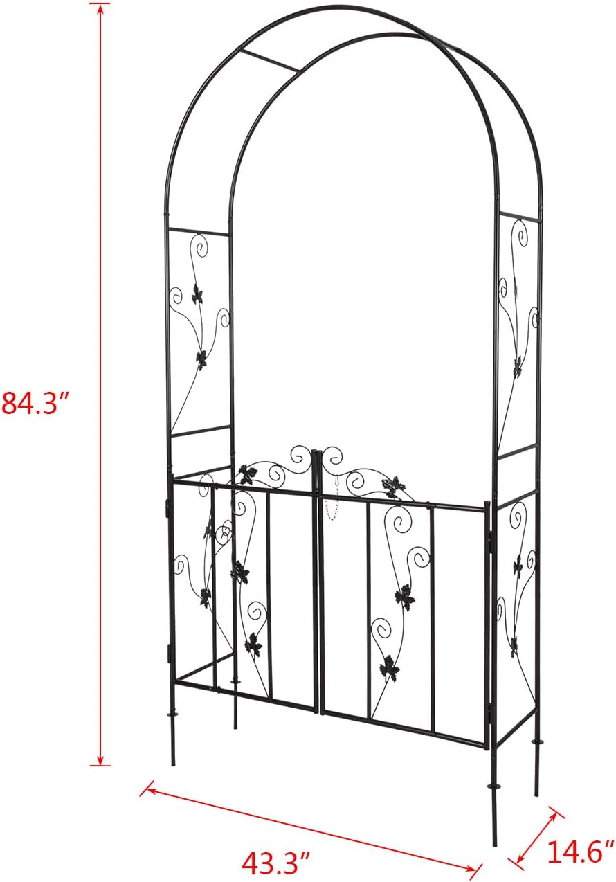 Kinfant Metal Garden Arch Arbor with Gate, Garden Archway for Outside, Heavy-Duty Garden Arch Trellis for Wedding Decoration, Climbing Plants, Backyard and Outdoor Patio(Black)