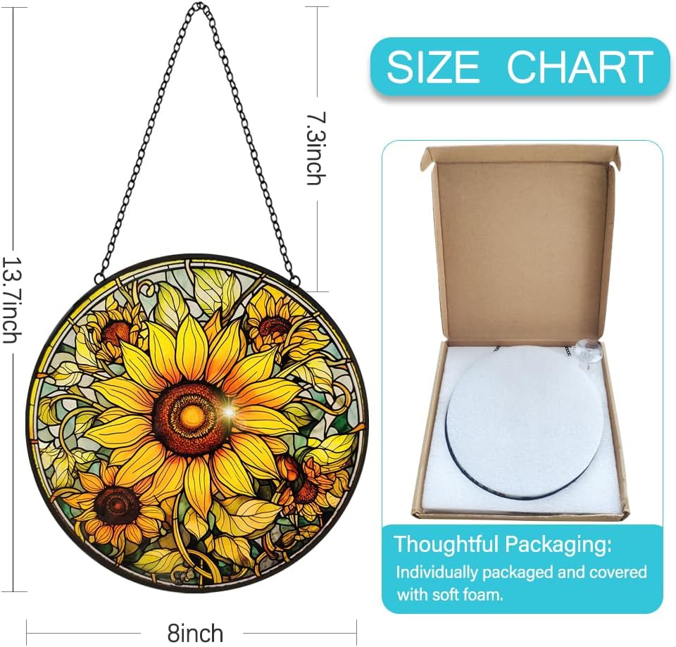 Sunflower Suncatcher Stained Glass Window Hanging Ornaments - 8” Handmade Sun Catchers Indoor Window Outdoor Garden Decor - Wall Art Sun Flower Glass Panel with Hooks - Sunflower Gifts for Women Mom