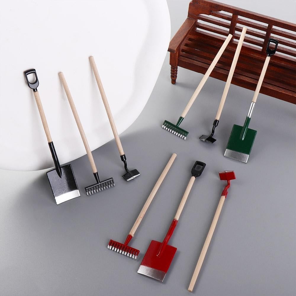 3Pcs Miniature Garden Tools 1:12 Mini Shovels and Rake Farm Tools Fairy Garden Furniture Dollhouse Accessories (Green)