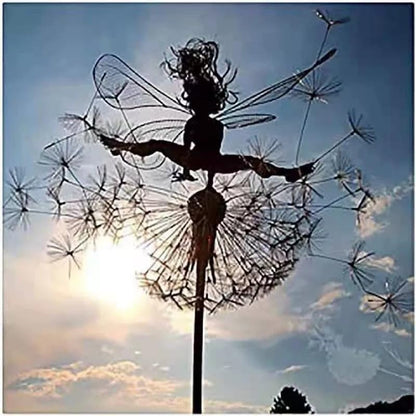 Flower Fairy Dancing with Dandelion, Art Sculpture Fairies for Fairy Garden, Angel Metal Ornaments Gardens Art Sculpture, Outdoor Decorations for The Courtyard, Christmas and Halloween Lawn (C)