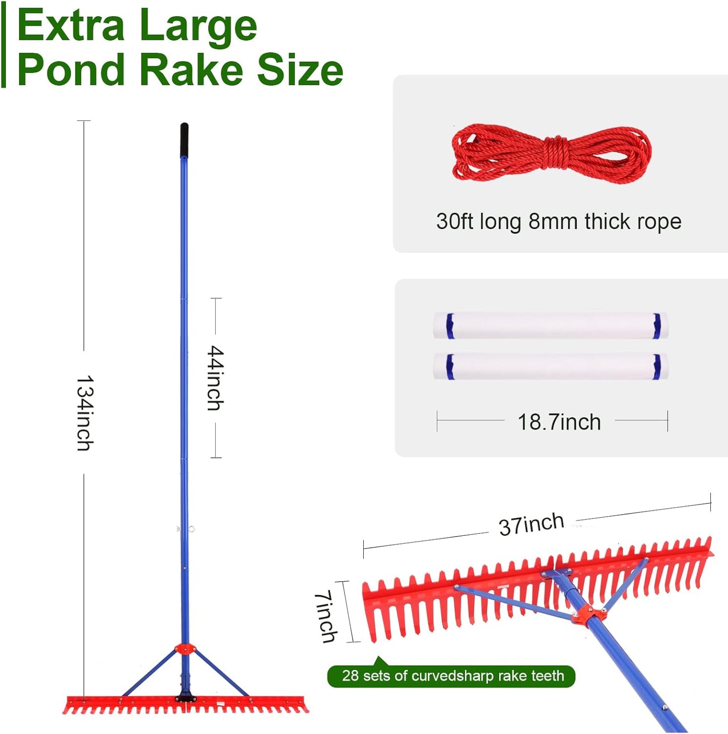 Lake Rake,Pond Weed rake,Heavy Duty Razer Rake,Large Pond Aquatic Rake-39 Wide Head with Alloy Tines , Floating Lake for Removal of Weeds Leaves & Floating Scum ,Shoreline & Beach Landscaping Tool
