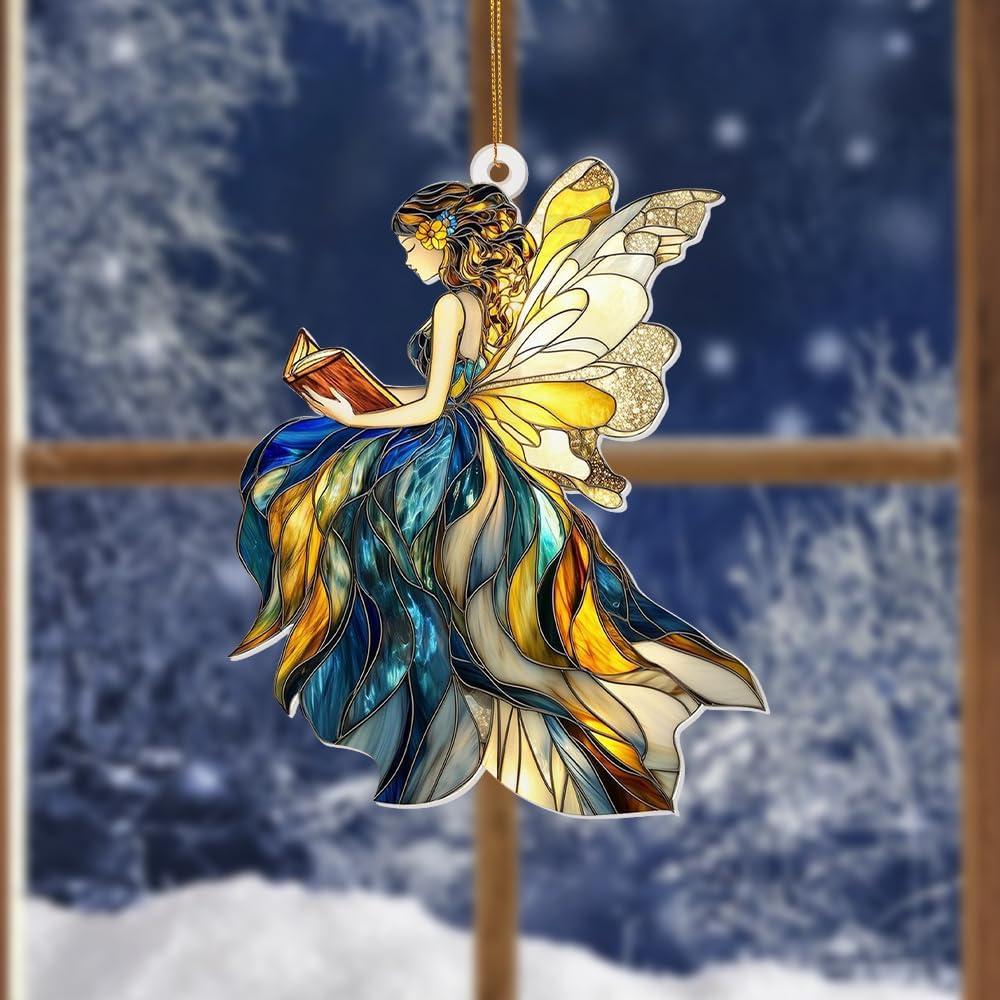 Reading Fairy Book Ornament – Stained Glass Style Acrylic Christmas Ornament, Book Lover Gift for Women, Teacher & Librarian Book Club Decorations, Fantasy Ornament Holiday Décor(Sun-01)