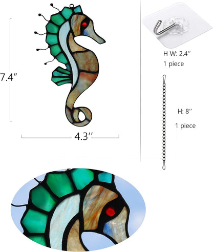 Seahorse Decor Stained Glass Window Hanging,Sea Nautical Gift Suncatcher Hanging Ocean Theme Decor for Living Room,Bathroom,Kitchen,Birthday Gifts for Mom,Women