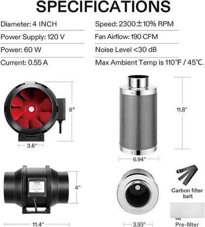 VIVOSUN Ventilation Kit 4 Inch 190 CFM Inline Duct Fan with 4"x 12" Carbon Filter Odor Control System with Australia Virgin Charcoal for Grow Tent Ventilation