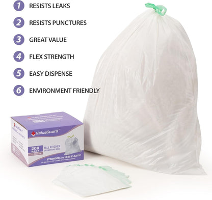 Trash Bags Garbage Bag 13 Gallon Drawstring Tall Waste Bag for Kitchen Office Party 0.6 Mil (200 Count)