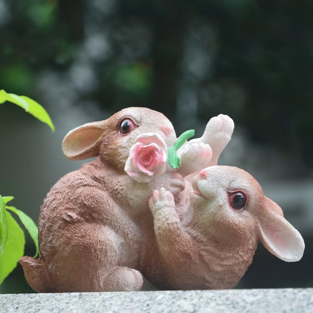 Garden Statues Bunny Decor Resin Flower Rabbit Figurine Cute Fairy Garden Decor Outdoor Statues for Patio Yard Porch Balcony Gifts for Women Mom Grandma Brown