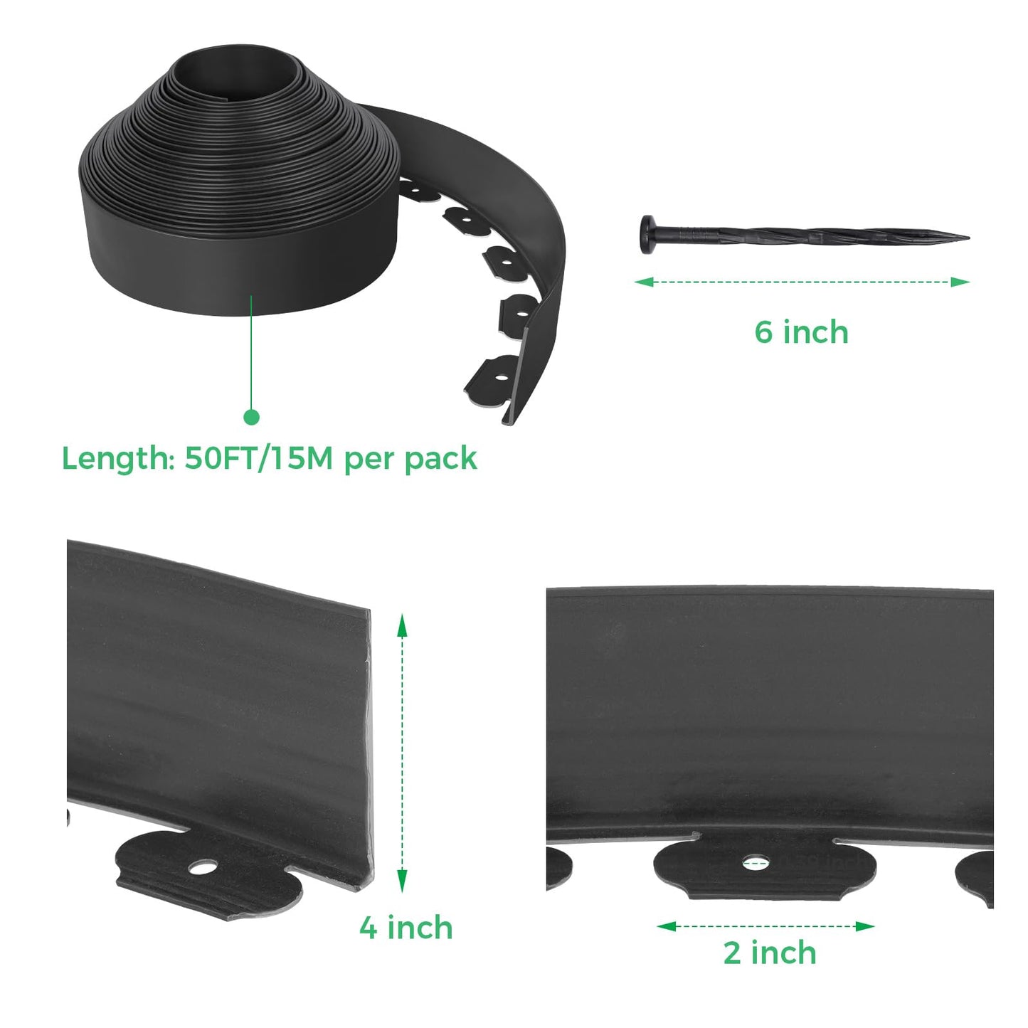 4-Inch x 50 FT Landscape Edging Border with 75 Spikes, Garden Edging Lawn Border Kit, Plastic