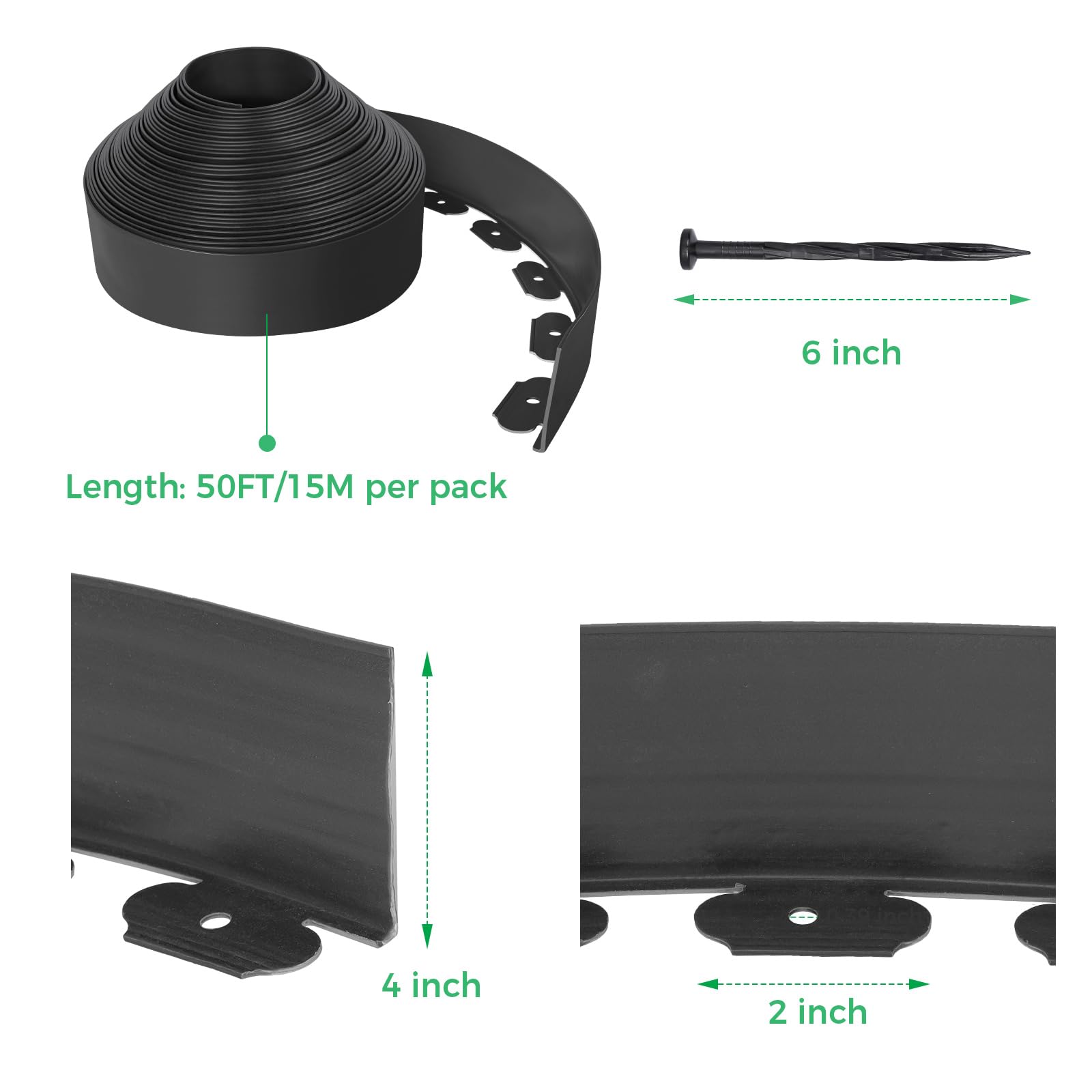 4-Inch x 50 FT Landscape Edging Border with 75 Spikes, Garden Edging Lawn Border Kit, Plastic