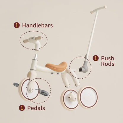 4-in-1 Toddler Tricycle with Adjustable Push Handle for 1-4 Year Old,Birthday Gift and Toy for Boys and Girls Removable Pedals Balance Bike&Scooter (Beige)