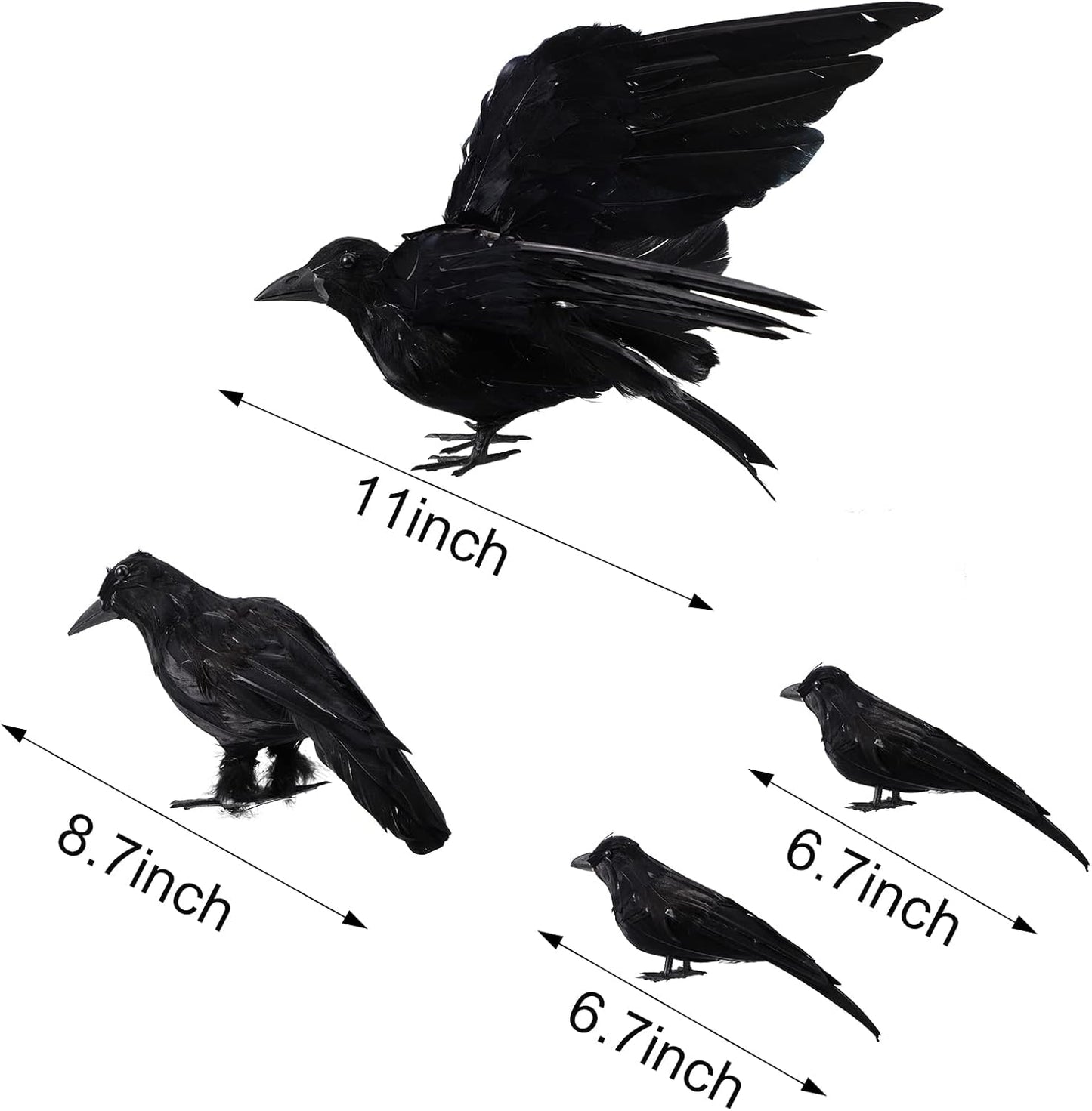 Yerliker 5 Pcs Halloween Black Feathered Crow and Skull Statue Set Handmade Realistic Crow Decor Spooky Plastic Fake Porch Decor for Halloween Decorations