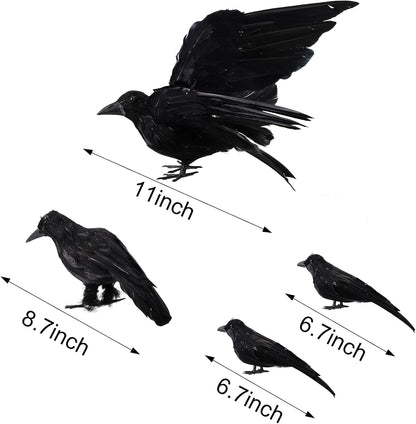 Yerliker 5 Pcs Halloween Black Feathered Crow and Skull Statue Set Handmade Realistic Crow Decor Spooky Plastic Fake Porch Decor for Halloween Decorations