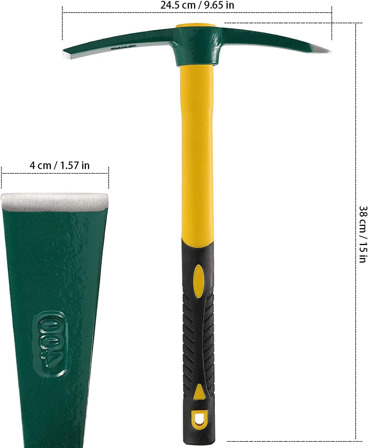 JEUIHAU 15 Inches Pick Mattock Hoe, Forged Adze Hoe with Plastic Coated Fiberglass Handle, 1.5 Lb Weeding Mattock Hoe for Gardening, Loosening Soil, Camping, Planting