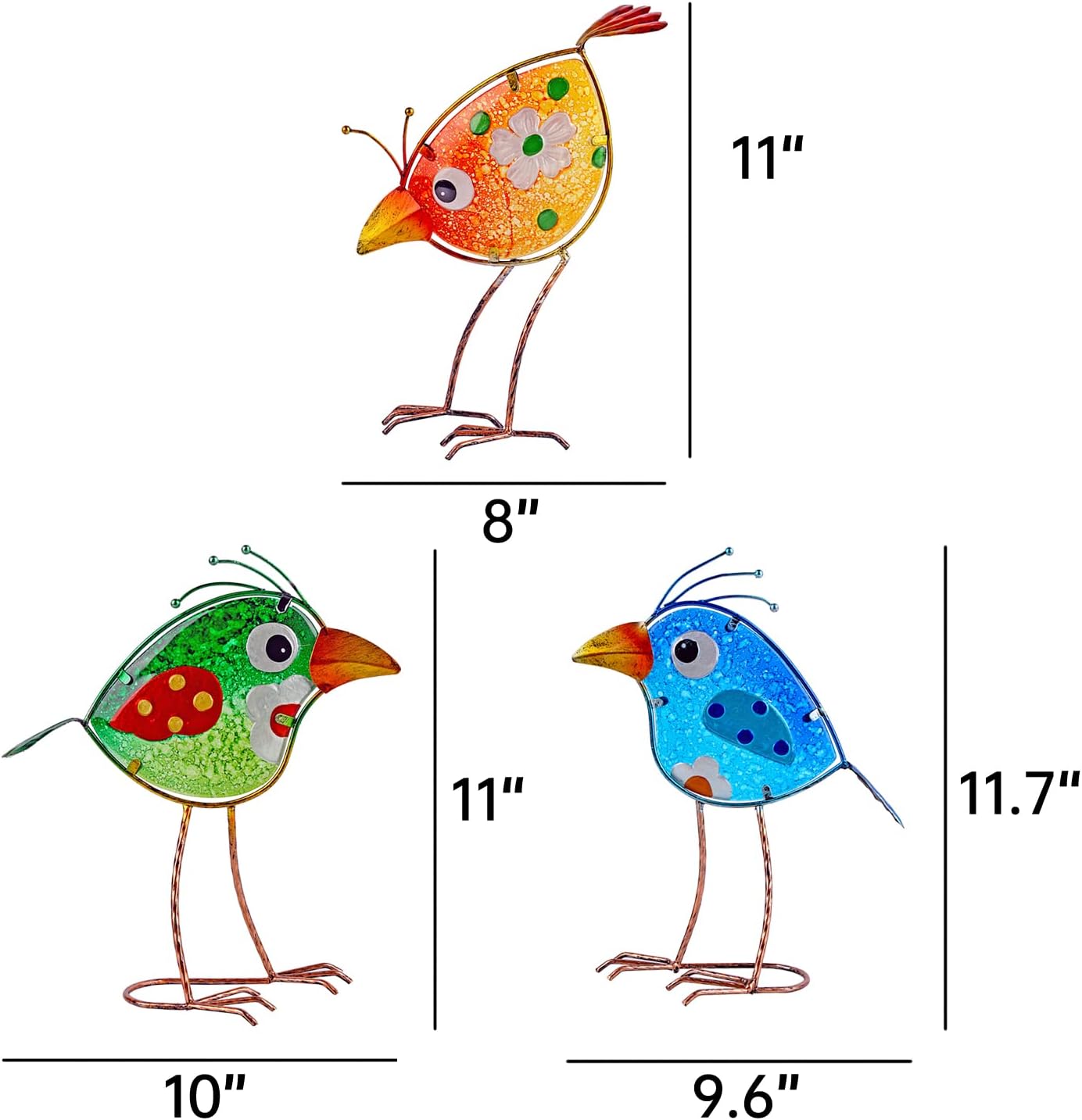John's Studio Garden Decor for Outside - Outdoor Statue Decorations Metal Bird Glass Yard Art Décor, Lawn Ornaments for Patio Yard Porch, Housewarming Gift - 3 PCS