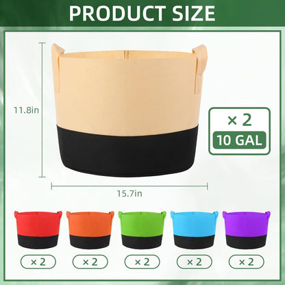 12 Pack Multicolor 10 Gallon Grow Bags - Fabric Plant Pots with Handles for Outdoor Garden and Vegetable Planting