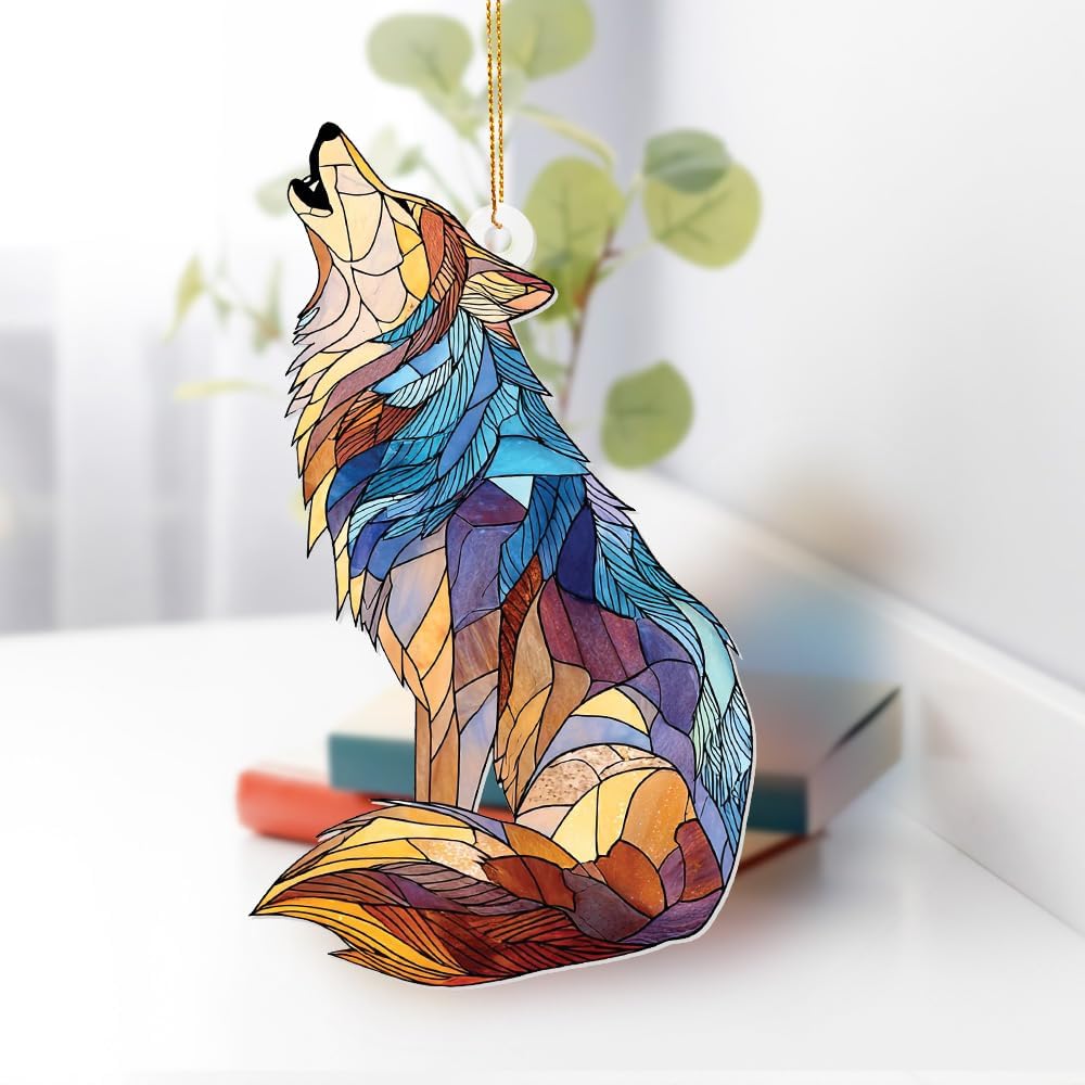 Wolf Stained Glass Ornament, Howling Wolf Window Hanging Acrylic Suncatcher, Wildlife Animal Decor for Home, Car Mirror, Office, Collectible Ornament Gift for Wolf Lovers (Sun-09)