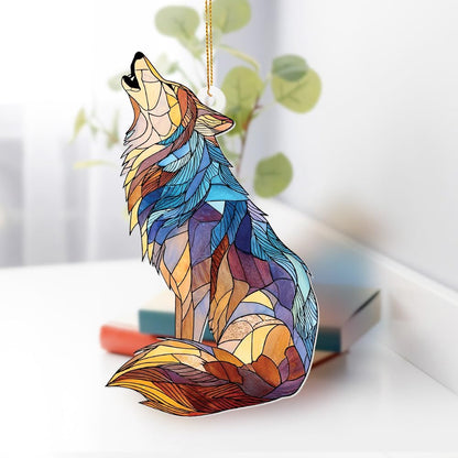 Wolf Stained Glass Ornament, Howling Wolf Window Hanging Acrylic Suncatcher, Wildlife Animal Decor for Home, Car Mirror, Office, Collectible Ornament Gift for Wolf Lovers (Sun-09)