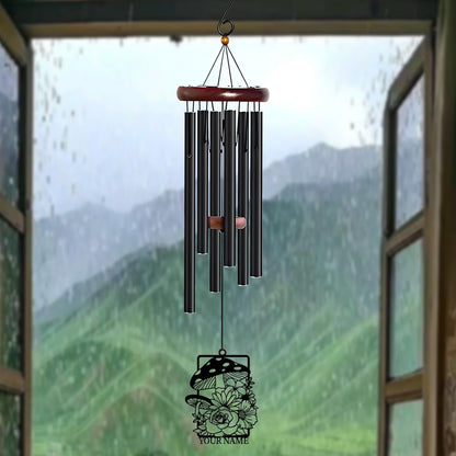 Personalized Customize Name Fantasy Mushroom Wonderland Wind Chime, Metal Iron 37 Inch Outdoor Memorial Gift for Garden Yard Patio Home Decor, Black (Style H)