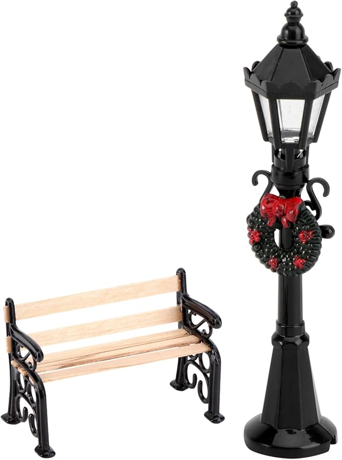 2pcs Christmas Street Lamp Post and Miniature Park Bench Seat Mini Street Light Model Dollhouse Christmas Village Pathway Lantern Post Fairy Garden Accessories