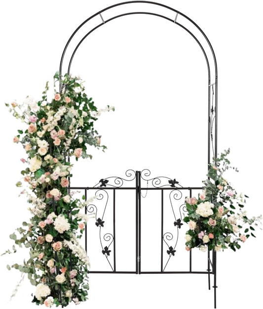 Outdoor Garden Arbors with Gate Door 7’ H x 3’7’’ W Metal Garden Arch Plants Growing for Wedding Party