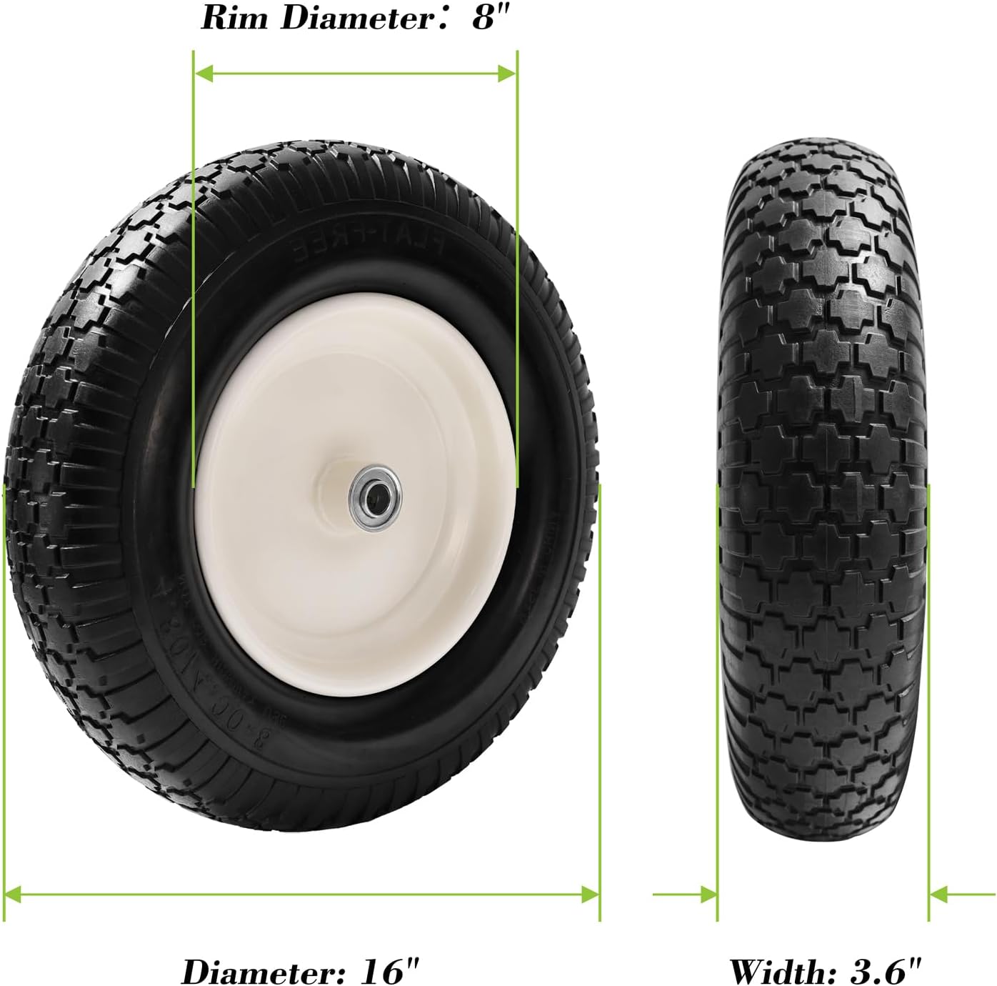 Parts Camp 4.80/4.00-8" Flat Free Wheelbarrow Tire and Wheel - 16" Universal Fit for Garden Wagon, Cart, Trolley, Dolly - 5/8" & 3/4" Bearings, 3" Centered Hub (2 Pack)