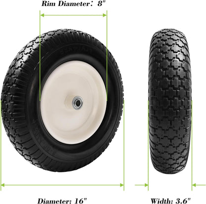 Parts Camp 4.80/4.00-8" Flat Free Wheelbarrow Tire and Wheel - 16" Universal Fit for Garden Wagon, Cart, Trolley, Dolly - 5/8" & 3/4" Bearings, 3" Centered Hub (2 Pack)