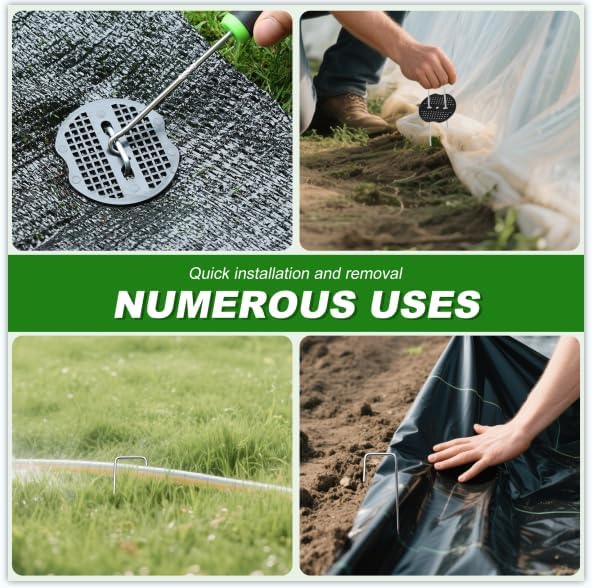 200pcs Garden Stakes Staples, 6 Inch 11 Gauge Landscape Staples + 200pcs Buffer Washer + 1 Pick Hook, U-Shaped Galvanized Landscape Pins, Tent Stakes for Weed Barrier Fabric Heavy Duty
