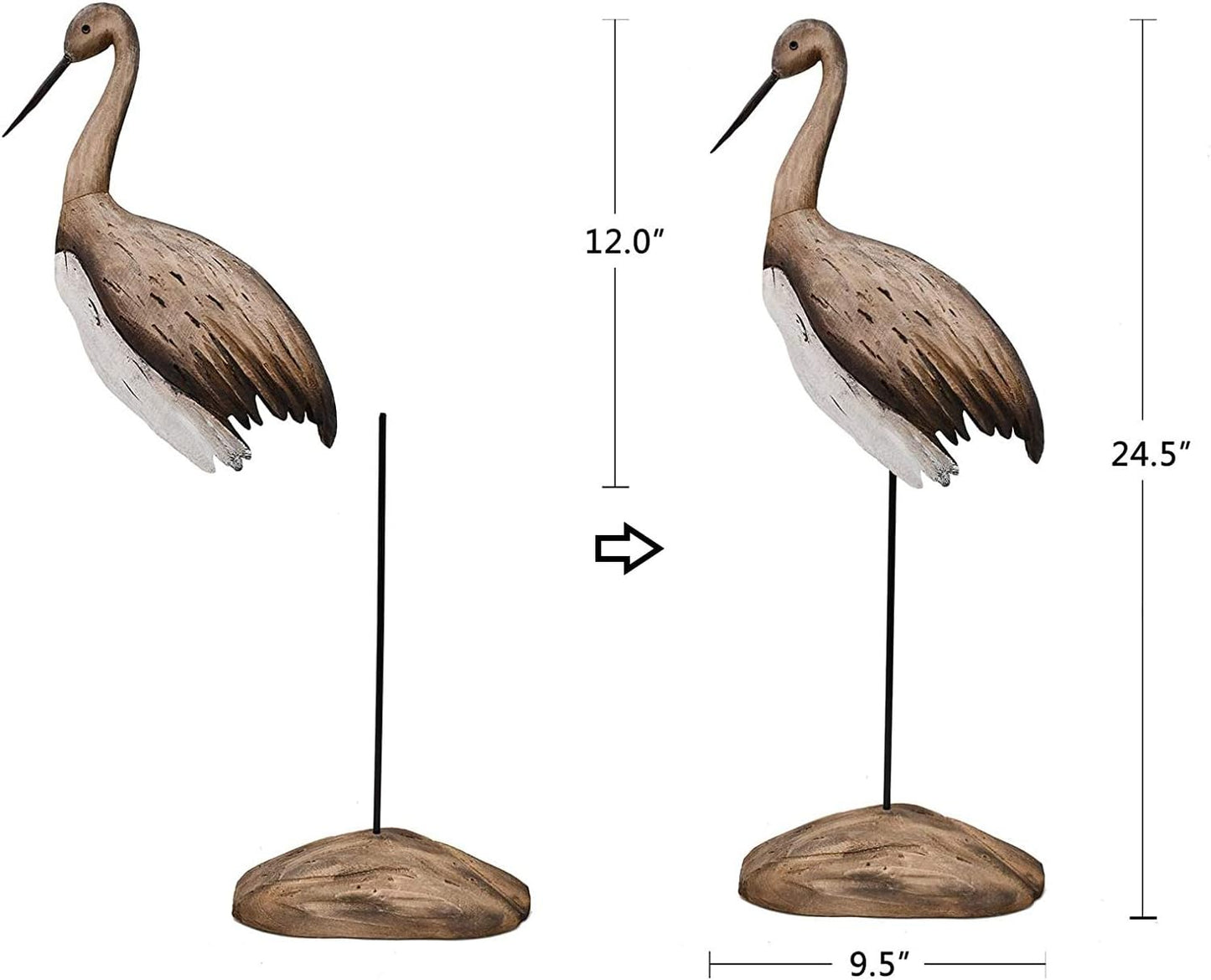 Morning View Wooden Crane Decor Wood Sea Birds Statue Bird Figurines Seabird Statue Standing Cranes Decorations Coastal Sculpture Nautical Beach Ocean Home Table Garden Yard Lawn Outdoor 24.5 Inch