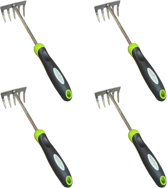 Garden Guru Stainless Steel Hand Rake Cultivator Tiller Tool - Stainless Steel for Ultimate Strength - Rust Resistant - Ergonomic Handle - Gardening Cultivating Loosening Weeding Mulching (4 Pack)