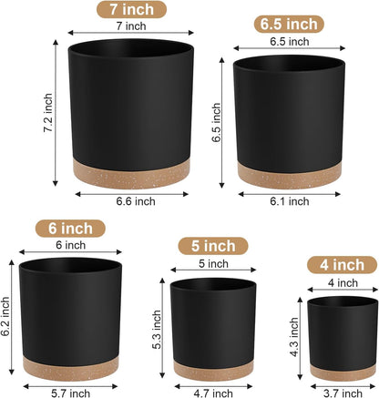 Plant Pots with Drainage Holes and Saucers – 7, 6.5, 6, 5, 4 Inch Plastic Planters for Indoor Outdoor Plants, Modern Matte Finish, Lightweight & Durable（Black）