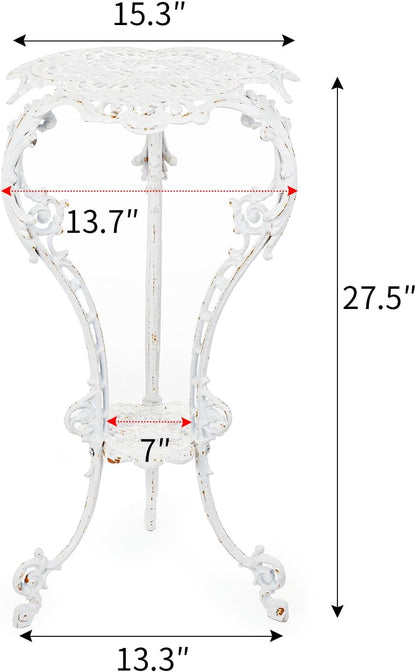 Sungmor Heavy-duty Cast Iron Plant Stand Patio Side Table, 15.3" Wide 27.5" Tall 2-layer Potted Pedestal, Vintage Rust White Planter Holder, Elegant Victorian Style Indoor Outdoor Decorative Pot Stand