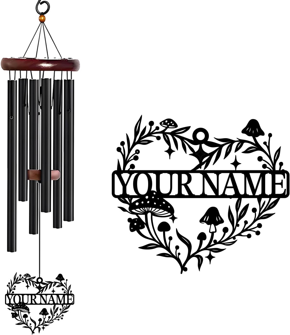 Personalized Customize Name Fantasy Mushroom Wonderland Wind Chime, Metal Iron 37 Inch Outdoor Memorial Gift for Garden Yard Patio Home Decor, Black (Style F)