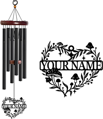 Personalized Customize Name Fantasy Mushroom Wonderland Wind Chime, Metal Iron 37 Inch Outdoor Memorial Gift for Garden Yard Patio Home Decor, Black (Style F)